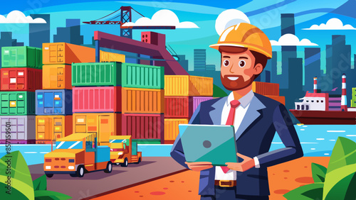 Dock manager in cause suit standing in the yard of transport containers holding a laptop with a smile. 