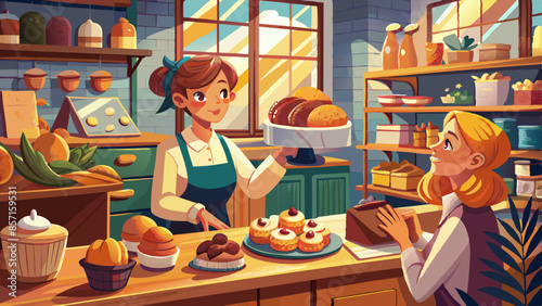 The waitress of the café puts fresh pastries on the window of the café.
