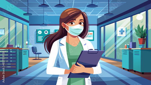 Young female doctor in front of the Intensive Care Unit Health Care Centre.