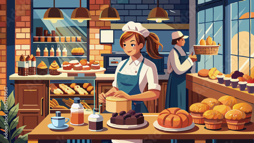 The waitress of the café puts fresh pastries on the window of the café.