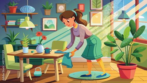 Woman cleaning the table using cloth and diffuser at home.