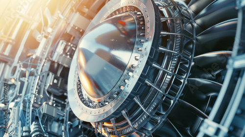 An intricate view of a jet engine part bathed in warm light, focusing on the metal blades and structural details of aviation technology.