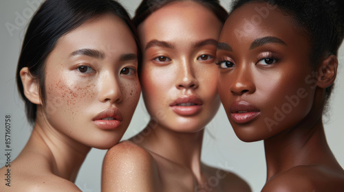 Three women with diverse skin tones pose together, highlighting natural beauty and the richness of different complexions in a soft, unified portrait. © VK Studio