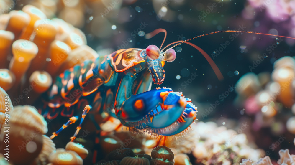 Close-up of a brightly colored mantis shrimp in its natural underwater habitat surrounded by corals and marine flora. Close-up of a brightly colored mantis shrimp in its natural underwater habitat surrounded by corals and marine flora.