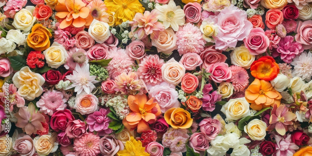 A romantic floral bouquet with roses and a variety of blossoms, ideal for weddings and celebrations.