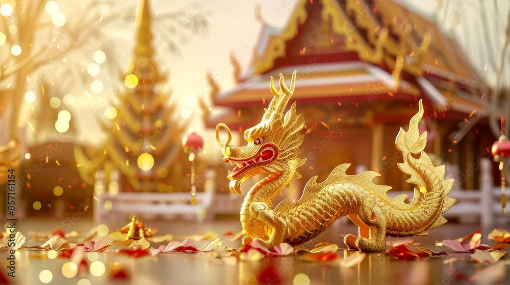 Fototapeta premium A charming New Years card featuring a cute golden dragon, set against the backdrop of a traditional Thai temple The card reads Happy New Year 2024 in elegant script.