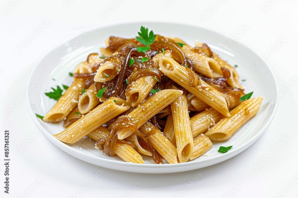 Luscious Caramelized Onion Penne Pasta on White Plate