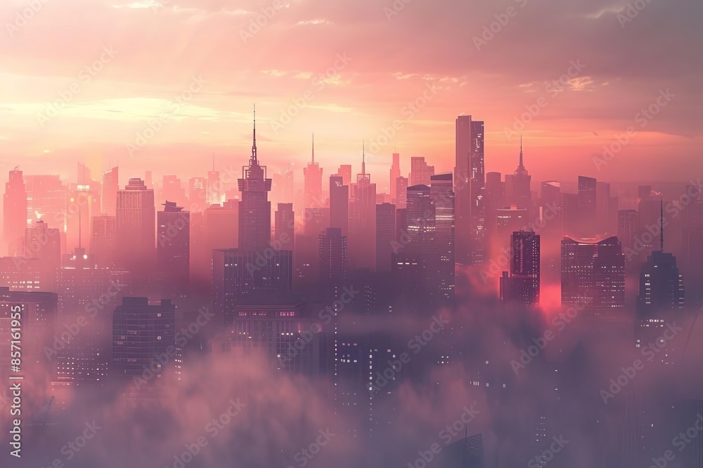 A city skyline obscured by layers of mist A city skyline obscured by layers of mist
