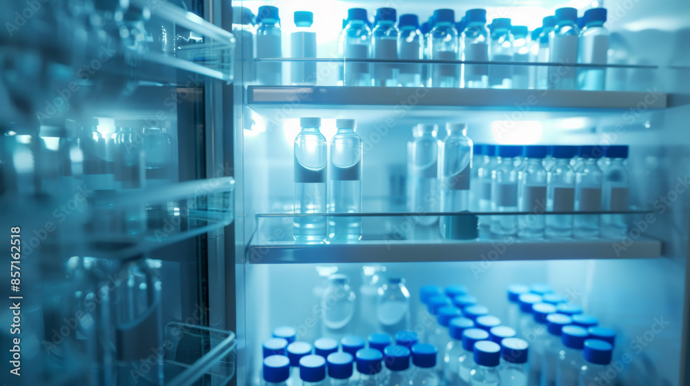 A refrigerated shelf stacked neatly with various laboratory bottles and vials, emitting a clinical and orderly vibe. A refrigerated shelf stacked neatly with various laboratory bottles and vials, emitting a clinical and orderly vibe.