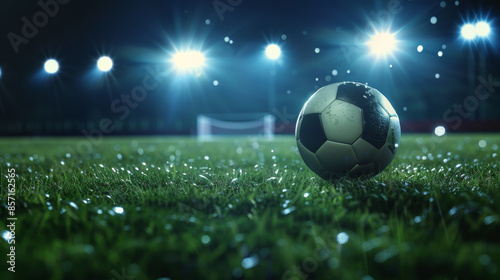 A soccer ball sits on a dewy, illuminated field under bright floodlights, evoking the excitement of an impending game.