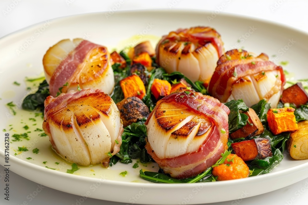 Bacon-Wrapped Scallops with Sautéed Spinach and Lemon-Herb Vinaigrette Bacon-Wrapped Scallops with Sautéed Spinach and Lemon-Herb Vinaigrette