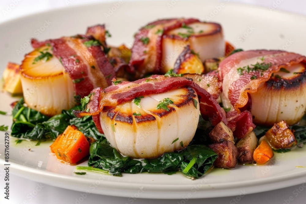 Plump Bacon-Wrapped Scallops with Lemon-Herb Vinaigrette and Roasted Vegetables Plump Bacon-Wrapped Scallops with Lemon-Herb Vinaigrette and Roasted Vegetables