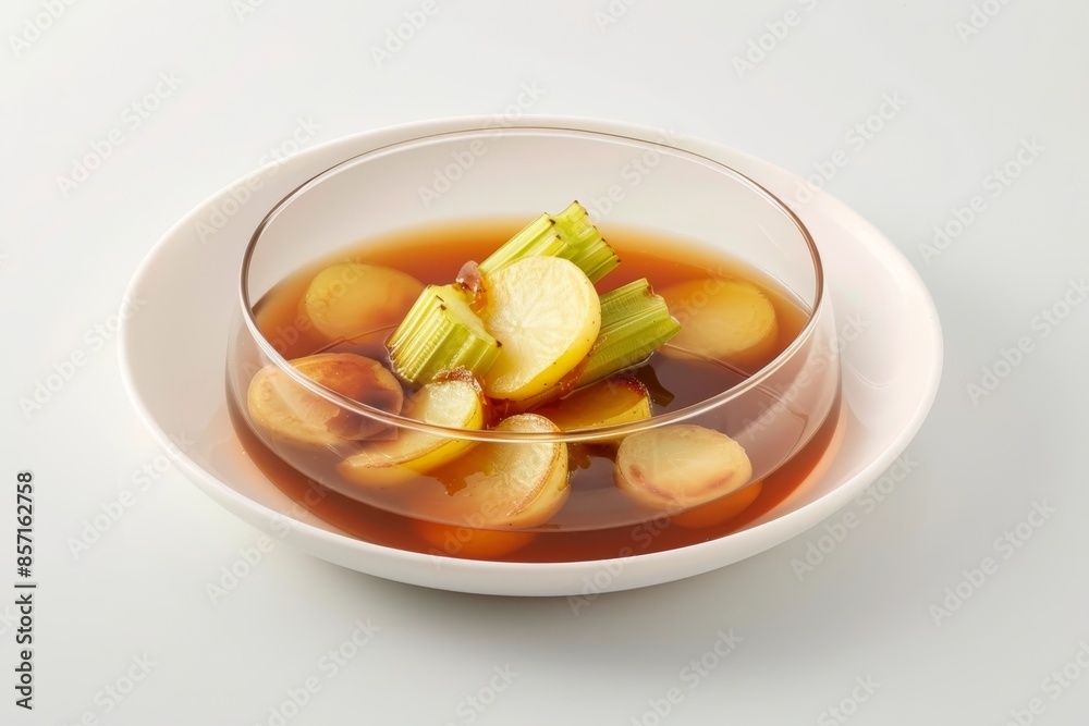 Sweet and Savory Caramelized Celery Consomme with Paysanne-cut Vegetables