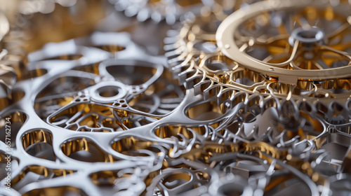 Detailed close-up of a complex network of golden and silver gears, highlighting their intricate design and interconnectivity in an industrial setting.