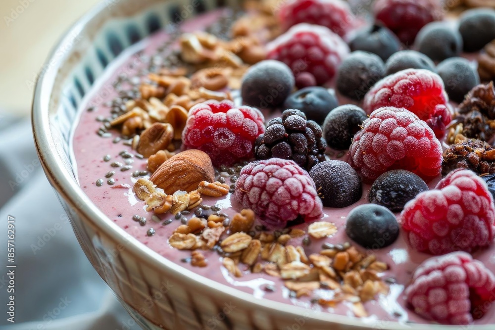 A closeup of a smoothie bowl topped with fresh berries and nuts A closeup of a smoothie bowl topped with fresh berries and nuts