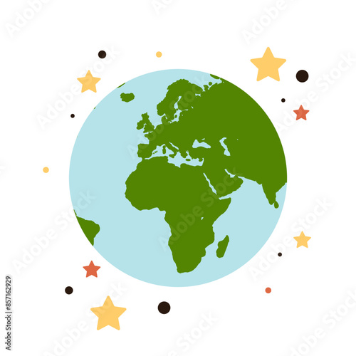 Earth globe with continents and world or planet drawn isolated on white background flat vector illustration.
