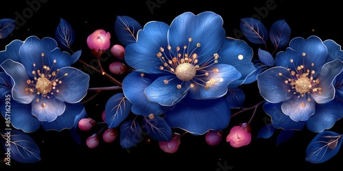 Elegant Blue Floral Illustration On Black Background