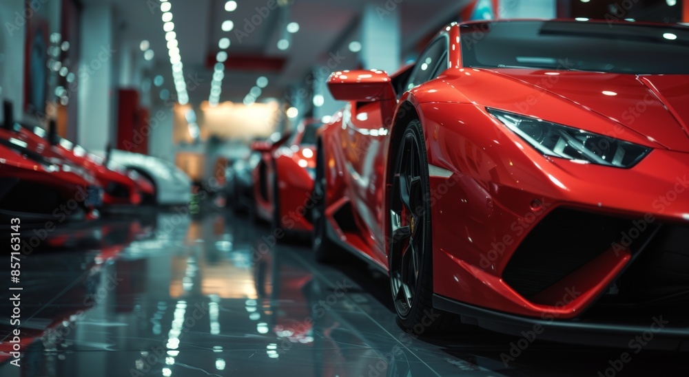 A red sports car on display in a showroom A red sports car on display in a showroom