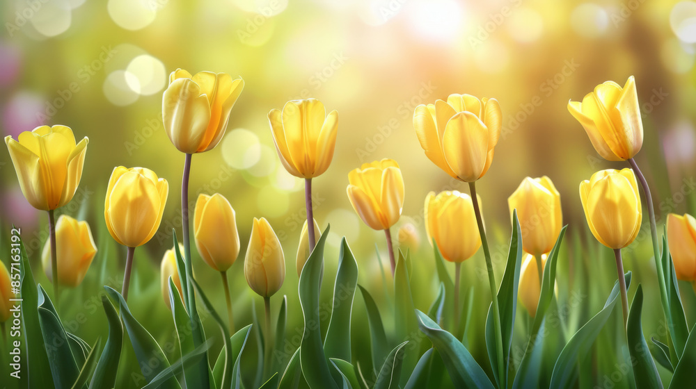 Radiant yellow tulips bloom in the golden morning light, creating a bright and joyful garden scene. Radiant yellow tulips bloom in the golden morning light, creating a bright and joyful garden scene.