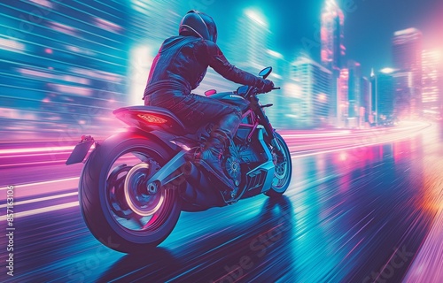 View from the back of a professional smart motorbike rider wearing a helmet as they accelerate through a futuristic cityscape filled with neon lights.