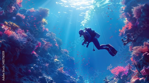 Wallpaper Mural A diver exploring an underwater reef, minimal style, illustration background Torontodigital.ca