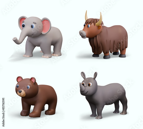 Set of animals in realistic positive style. Isolated elephant, yak, bear, rhinoceros