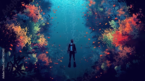 A diver exploring an underwater reef, minimal style, illustration background © CHAKKAPONG
