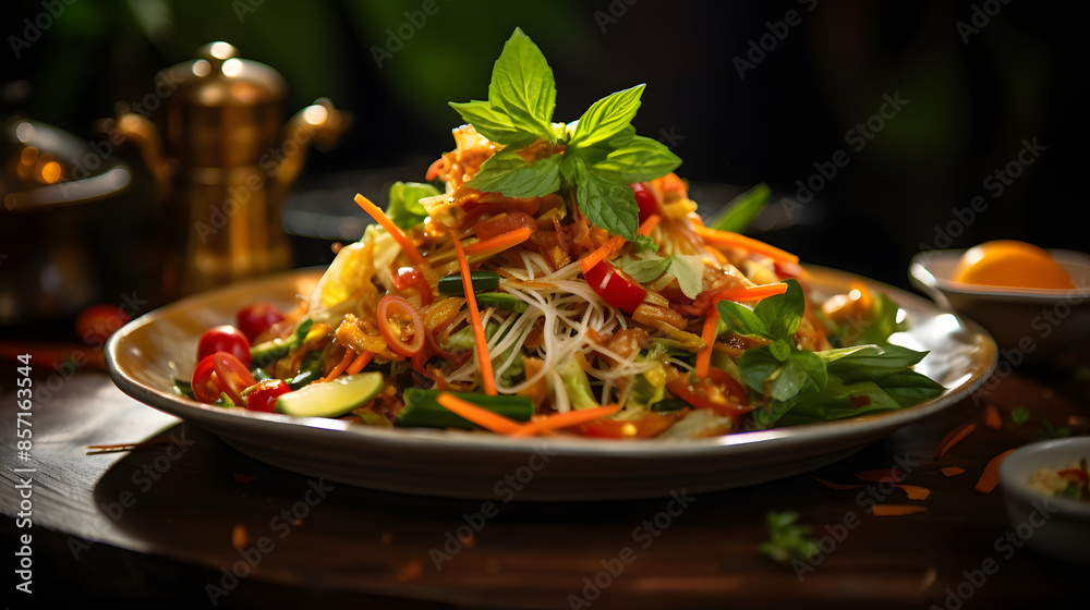 A Som Tam In the Thai style restaurant food photography poster background