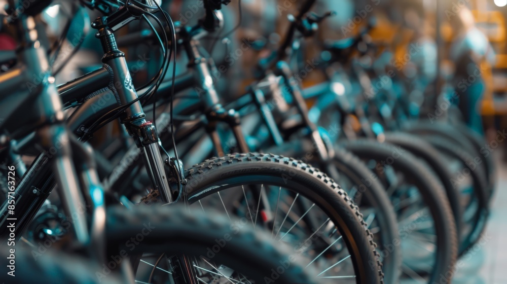 A lineup of bicycles arranged in a store A lineup of bicycles arranged in a store