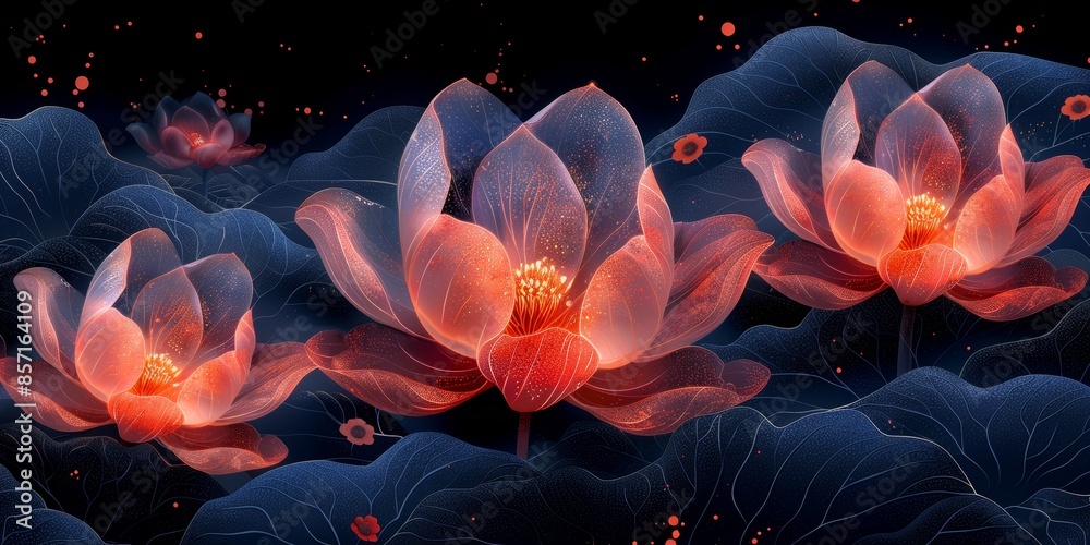 Obraz premium Glowing Lotus Flowers in a Nighttime Pond