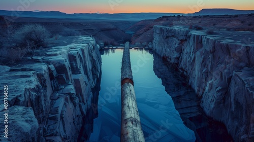 A solitary beam balanced over a ravine, reflecting twilight's hues, casting a glow in the fading light. photo