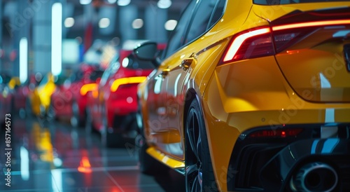 A row of vibrant, high-performance cars displayed in a showroom