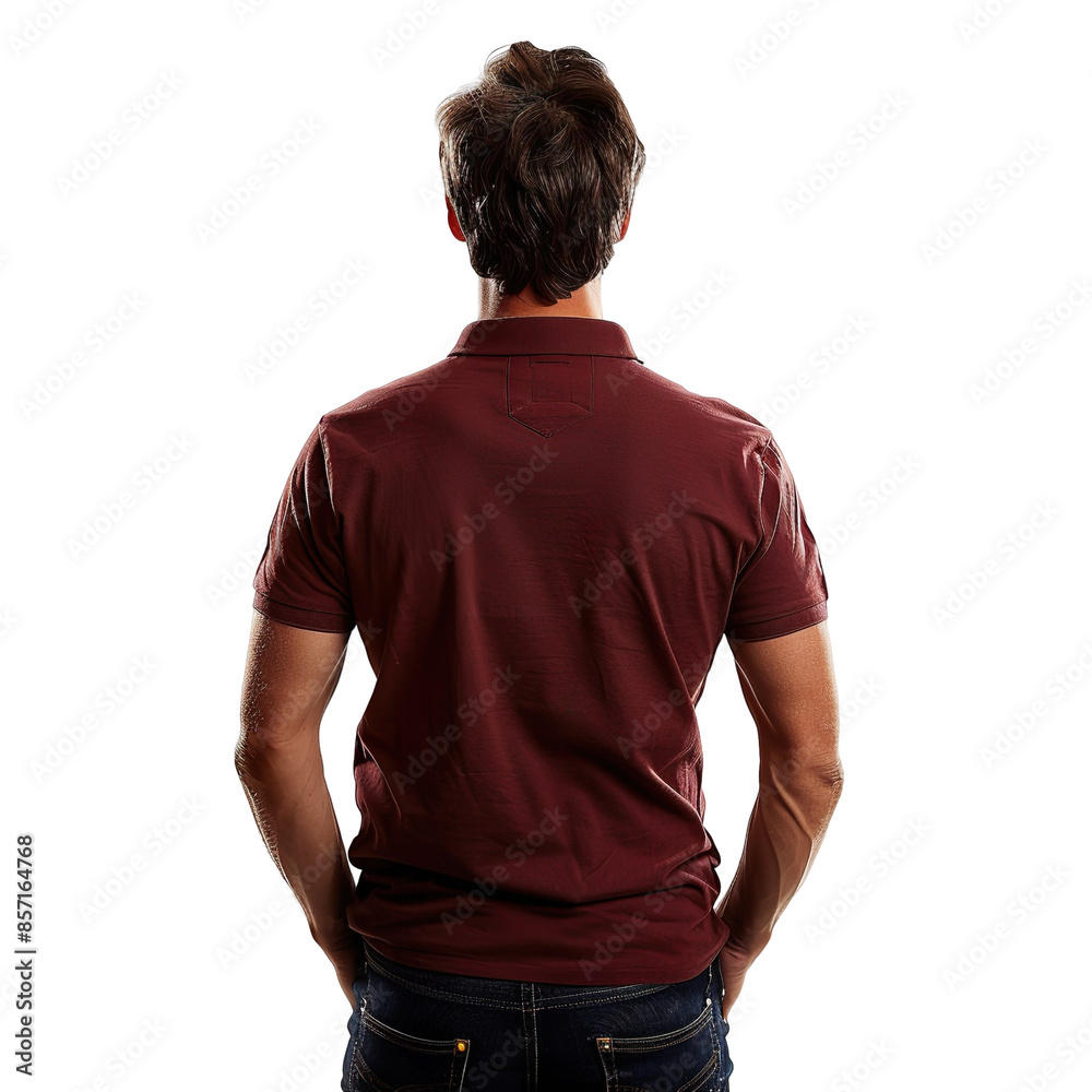 Back view mid body shot of a 25-year-old handsome Caucasian man wearing a dark red polo shirt and dark blue jeans isolated on a white transparent background Back view mid body shot of a 25-year-old handsome Caucasian man wearing a dark red polo shirt and dark blue jeans isolated on a white transparent background