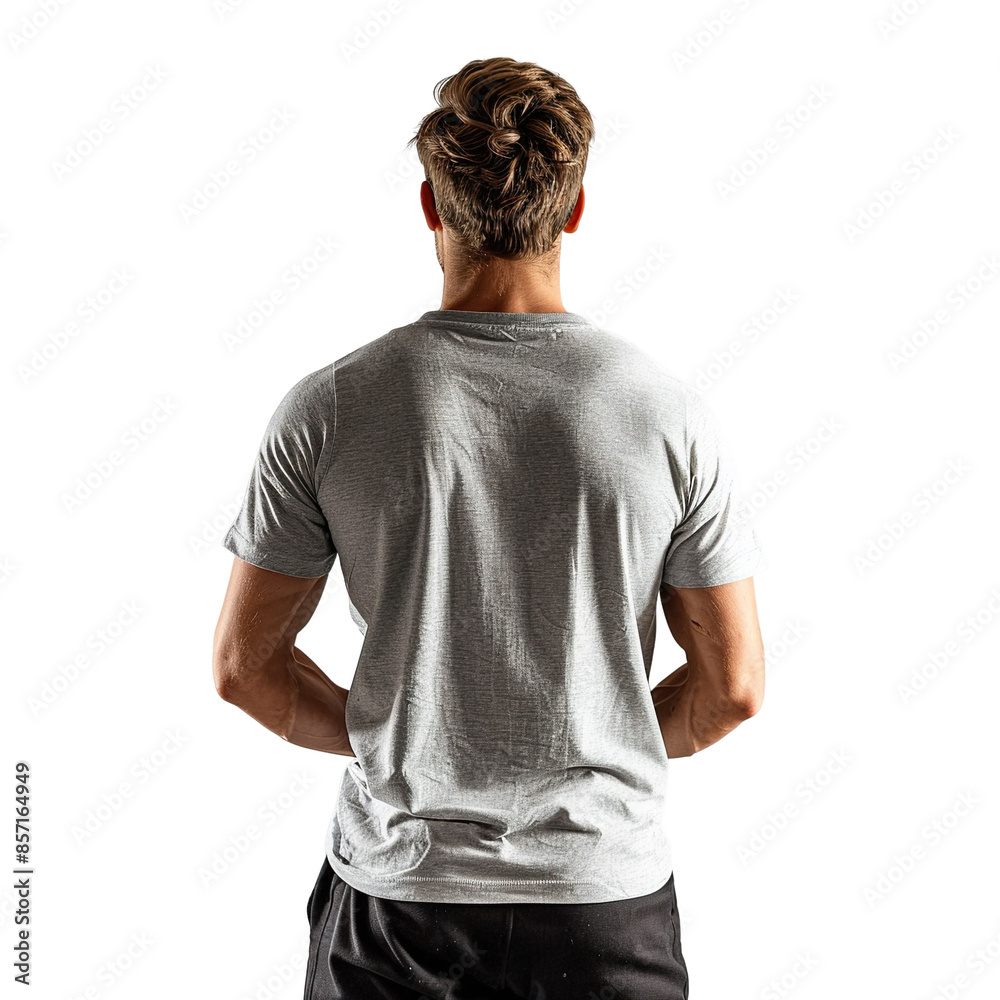 Back view mid body shot of a 25-year-old handsome Caucasian man wearing a light grey henley shirt and black track pants isolated on a white transparent background Back view mid body shot of a 25-year-old handsome Caucasian man wearing a light grey henley shirt and black track pants isolated on a white transparent background