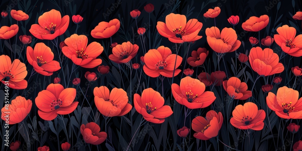 Elegant Red Poppy Flowers In A Dark Garden At Night Elegant Red Poppy Flowers In A Dark Garden At Night