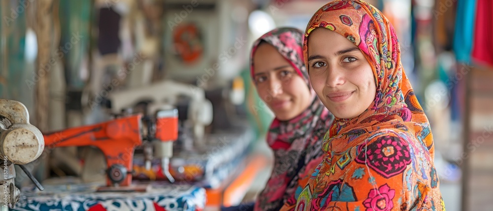 Obraz premium The two Muslim ladies own and operate a modest business from their houses. is the process of creating and fitting clothing.