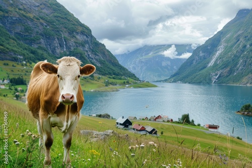 Norwegian Fjord Landscape with Cow: Steep Mountains, Deep Blue Water, and Quaint Village