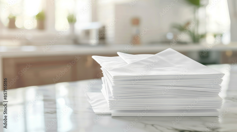 A cozy stack of neatly folded paper towels on a marble kitchen counter in a bright, modern kitchen. A cozy stack of neatly folded paper towels on a marble kitchen counter in a bright, modern kitchen.