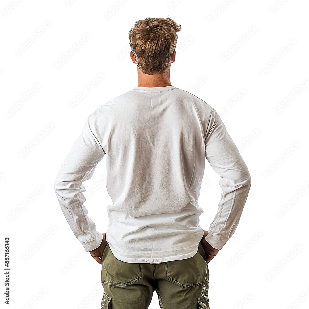 Back view mid body shot of a 25-year-old handsome Caucasian man wearing a white long sleeve shirt and olive green joggers isolated on a white transparent background Back view mid body shot of a 25-year-old handsome Caucasian man wearing a white long sleeve shirt and olive green joggers isolated on a white transparent background