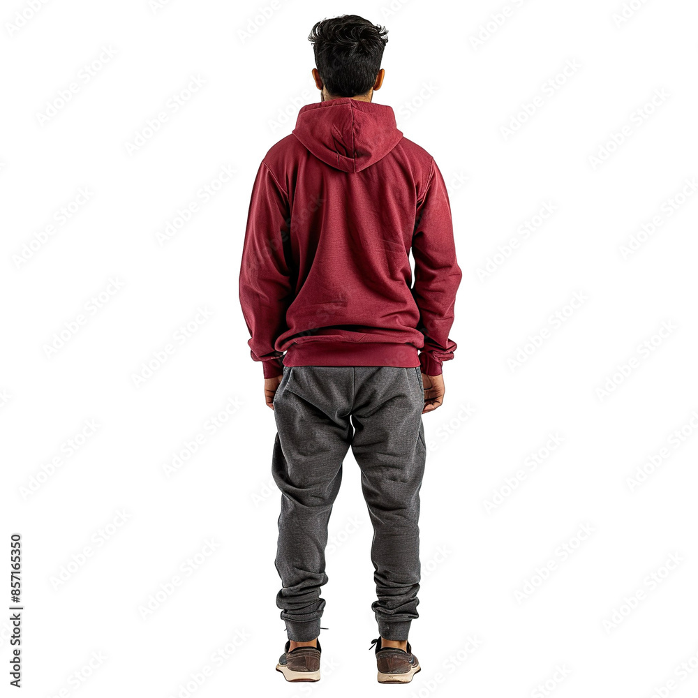Back view mid body shot of a 25-year-old handsome Indian man wearing a maroon hoodie and dark grey joggers, isolated on a white transparent background Back view mid body shot of a 25-year-old handsome Indian man wearing a maroon hoodie and dark grey joggers, isolated on a white transparent background
