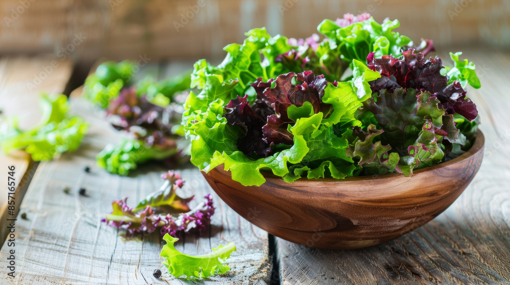 A rustic wooden bowl filled with vibrant, fresh lettuce leaves sits on a wooden table, exuding health and natural freshness.