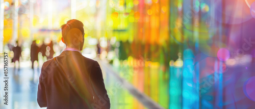 People walking on rainbow colors office space, motion blur effect, LGBT pride gender equality concept 