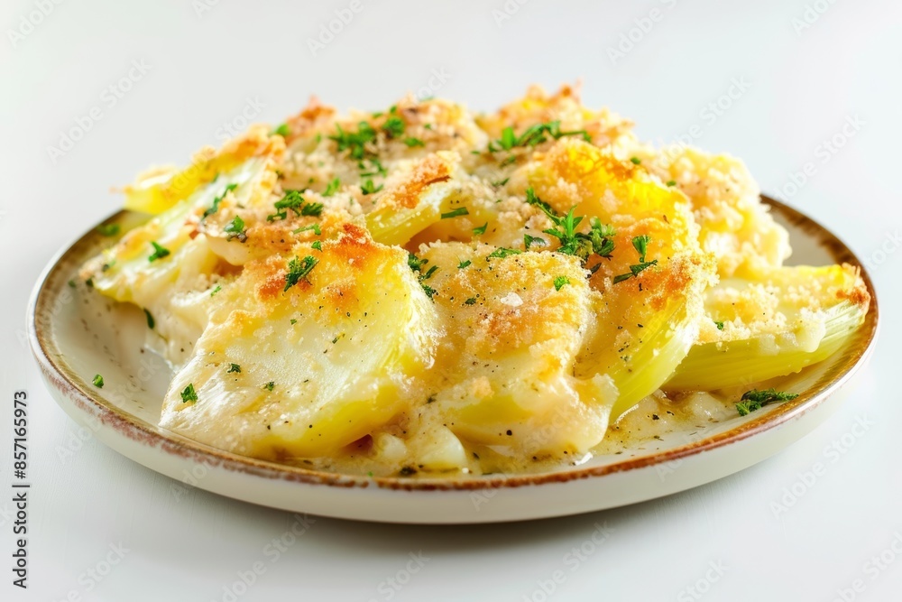 Homemade Celery and Potato Gratin with Melted Cheese and Breadcrumbs