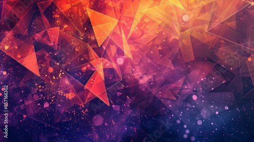 Orange and purple with geometric patterns glowing triangles and sparkling dust. background