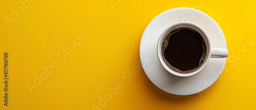 A cup of coffee with a saucer on a yellow background
