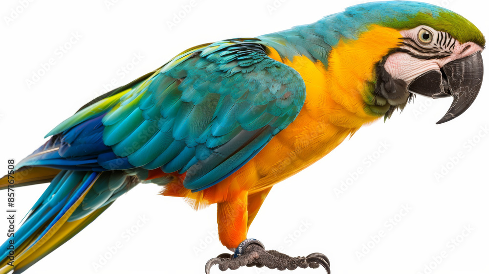 Fototapeta premium A vibrant blue and yellow parrot perched on a white background, showcasing its colorful plumage and intricate feather patterns.