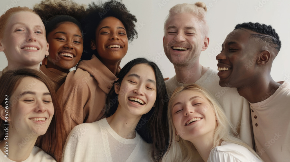 A joyful group of friends from diverse backgrounds, smiling brightly, capturing the essence of happiness and unity. A joyful group of friends from diverse backgrounds, smiling brightly, capturing the essence of happiness and unity.