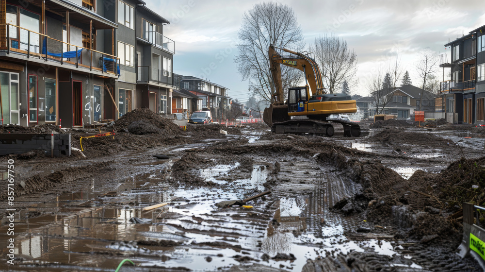 A construction site covered in mud after a rainstorm with an excavator working, surrounded by newly built residential houses and overcast skies. A construction site covered in mud after a rainstorm with an excavator working, surrounded by newly built residential houses and overcast skies.