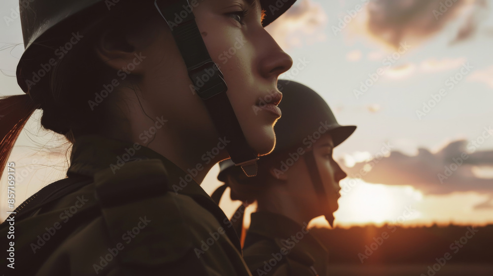 Two soldiers gaze resolutely towards the horizon at sunset, their expressions conveying a sense of duty and dedication. Two soldiers gaze resolutely towards the horizon at sunset, their expressions conveying a sense of duty and dedication.