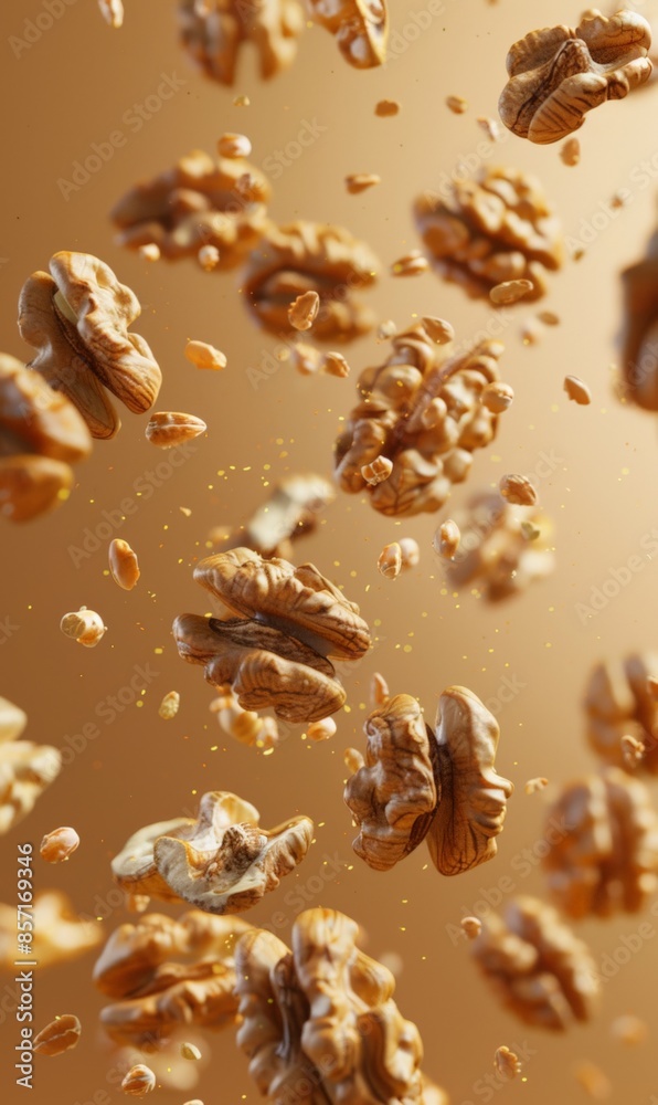 Multiple walnuts are suspended mid-air with some particles around them Multiple walnuts are suspended mid-air with some particles around them